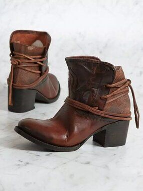 Freebird By Steven Casey Lace Tie Leather Ankle Brown Cognac Bootie, Size 10